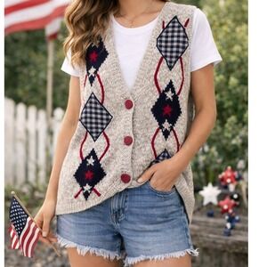 Marisa Christina HandKnit Vest Argyle Diamond Sweater Patriotic Americana Medium